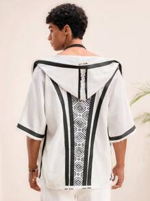 Manfinity VCAY 男士度假几何印花连帽抽绳前开休闲衬衫 - 白色 - 查看 3