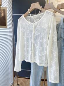 女士蝴蝶网眼长袖单排扣薄款夹克 - 白色 - 查看 7