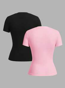 SHEIN EZwear 2pcs Set Basic Black & Pink Round Neck Short Sleeve Tops For Casual Layering, Spring/Summer Suitable For Going Out - Multicolor - View 2