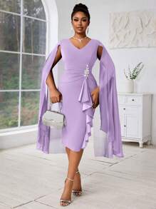 Fleurora Plus Size Women's Spring And Summer Elegant Cape Structured Purple See-Through Formal Evening Dress Four Seasons - Purple - View 4