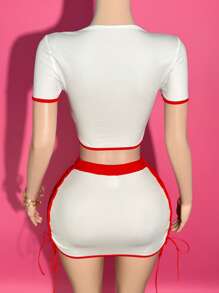 Slaydiva New Summer Sexy Suit Cosplay Nurse Suit Square Neck Front Contrast Red Zipper Love Cross Print Short Sleeve Top + Hip Mini Skirt Side Hollow Bowknot Skirt White And Red Knitted Suit Women's Two Pieces Suit-B - White - View 2