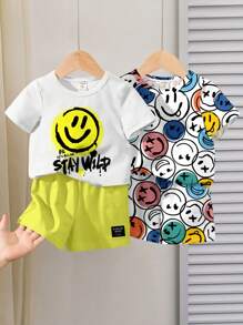 SHEIN 2pcs/Set Boy's Casual Cartoon Print Round Neck T-Shirt And Shorts Set, Suitable For Summer