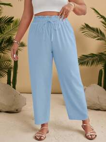 SHEIN VCAY Plus Size Casual Solid Color Tapered Pants - Baby Blue - View 1