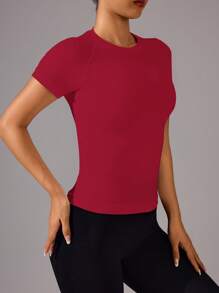 Easithlete 纯色圆领无缝短袖运动 T 恤，夏季压缩衬衫，修身衬衫，健身房女士衬衫