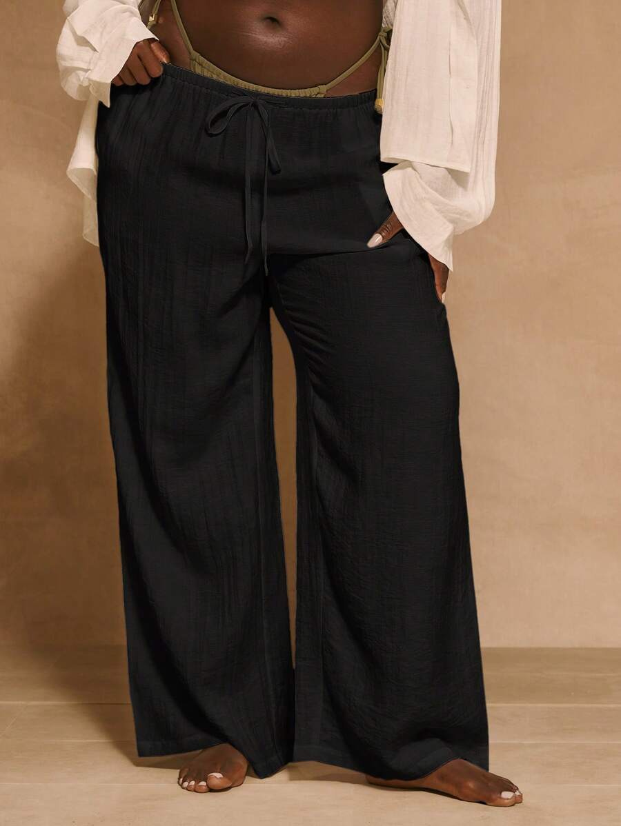 MUSERA Plus Size Mid Rise Drawstring Wide Leg Casual Trousers Boho Summer Vacation Swim Holiday Summer Beach Sexy Cute Elegant - Black - View 1