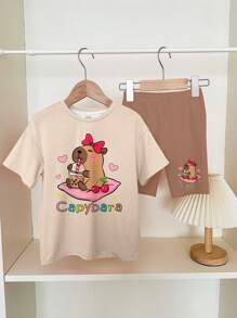 SHEIN Leap Crew 2 件套青少年女孩休闲纯色短袖 T 恤和短裤套装，夏季 - 彩色 - 查看 2