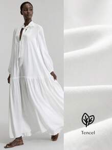 Ontre Vestido largo de mujer con nudo delantero, vestido maxi de manga larga con cuello en V profundo, fruncido, de unicolor minimalista, elegante atuendo de primavera/verano para damas, vestimenta casual de oficina, estilo vintage discreto, moda urbana de alta calidad para viajes en avión - Blanco - Ver 2