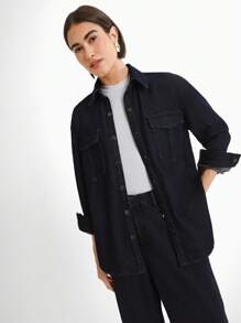 Daynim 女士休闲宽松牛仔衬衫，长袖，原色牛皮衬衫