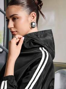 SHEIN EZwear Striped Side Drawstring Hem Wind Hooded Jacket In Fall/Winter - Black - View 5