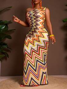 Slaydiva 2025 新款春夏女装加大码复古西部度假/热带度假/音乐节/俱乐部/公路旅行/度假/休闲/城市度假/毕业典礼/优雅度假长裙 - 修身渐变色彩色波浪单肩不对称和 A 字廓形 - 彩色 - 查看 8