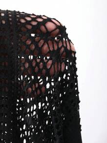 FRIFUL Blusa suelta con hombros caídos y encaje transparente de verano para mujer - Negro - Ver 7