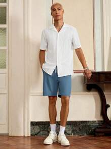 SWAVVY 宽松休闲男士纯色前扣雪菲衬衫和抽绳腰短裤 - 藍白色 - 查看 6