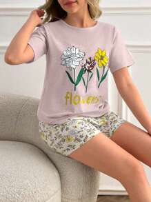 SHEIN Cottnline 2pcs Women Flowers Printed Short Sleeve Shirt And Floral Pattern Homewear Shorts Basic Set - Baby Pink - View 1