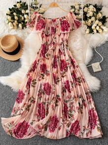 Trelyra 女式露肩百褶碎花连衣裙，春夏