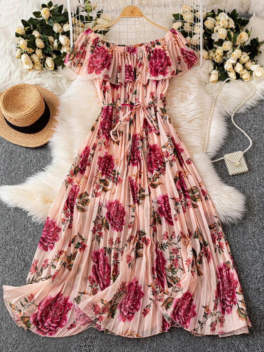 Trelyra 女式露肩百褶碎花连衣裙，春夏