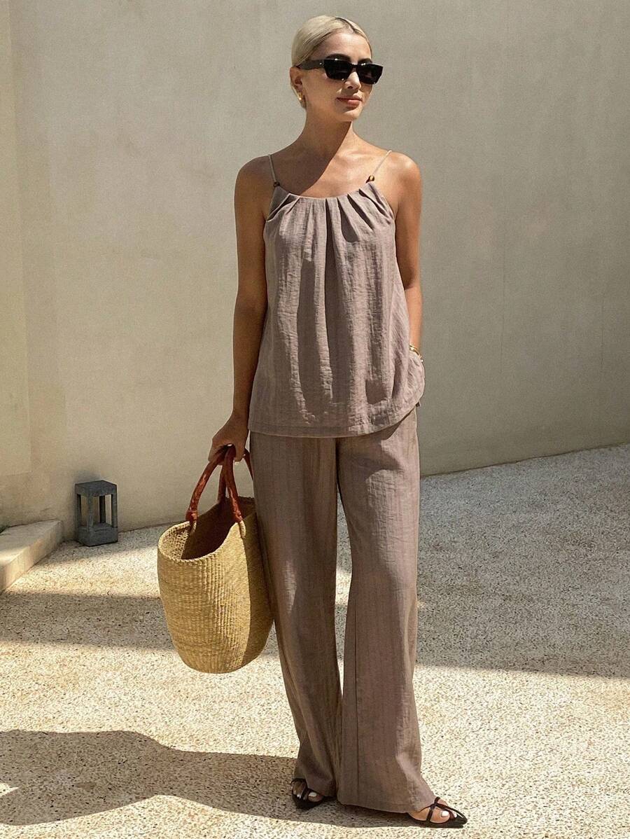 DAZY New Summer Linen Style Loose Casual Women Holiday 2 Pieces Set - Green - View 1