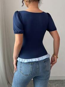 Elenzga Fourth Of July Holiday Full Outfits Top Blue Sexy Casual Going Out Short Sleeve Square Neck Ruffle Bow.