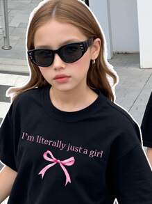 SHEIN Leap Crew Tween Girl 休闲蝴蝶印花短袖上衣和裤子 2 件套，夏季 - 黑色 - 查看 4