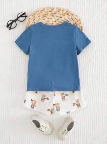 Cozy Pixies حزمة من قطعتين زي رضيع صبي بتصميم الدب الكرتوني الصوف الناعم و الجسم المحبوك قطعة رومبر وشورت الخصر المطاطي - متعدد الألوان - مشاهدة 2