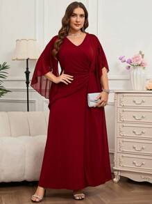 Reflora Curve Plus Size Women's Elegant Burgundy Winter Formal Wedding Guest Dress, V-Neck Ruffled Sleeve Modest Graduation Long Summer Dresses Outfit - Red - View 5