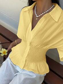 SHEIN EZwear 女式黄色编织束腰纹理夏季休闲短袖衬衫 - 黃色 - 查看 6
