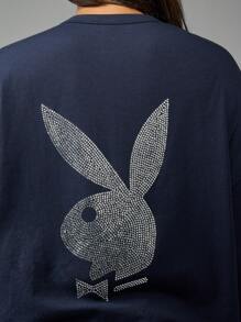 Missguided x Playboy 超大码 T 恤水钻兔子标志背面印花街头风格休闲图案上衣秋冬系列男女时尚 - 藏蓝色 - 查看 4