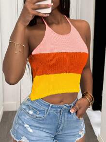 Slaydiva Women's Summer Contrast Color Cropped Halter Knit Tops - Multicolor - View 6