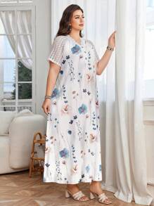 Lacomfia Plus Size Floral Print Lace Patchwork V-Neck Short Sleeve Dress - Multicolor - View 6
