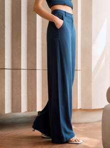 EMERY ROSE Women's Linen Wide Leg Pants, Casual/Office Wear, Work,Navy Blue Linen Suit Pants,Business Casual,Office,Old Money Style,Professional - Navy Blue - View 6