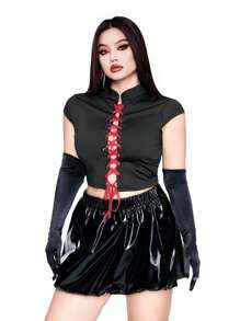 Flirla Camiseta diaria de talla grande para mujer, con cuello alto, efecto color block y cordón - Negro - Ver 6