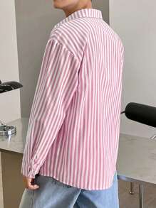 Claim Dot 1pc Men's Casual Striped Long Sleeve Button Down Shirt, Autumn, For Fall - Pink - View 2