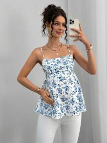 Momance Camisola ajustada con estampado floral elegante para mujeres embarazadas - Azul y blanco - Ver 3