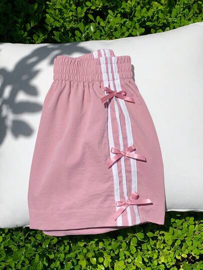 Comfortcana Shorts rosas y blancos con lazo, de estilo casual de verano para mujer