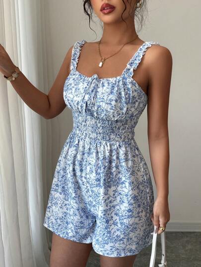 Selianne Women's Summer Blue & White Floral Print Back Ruched Waist Slimming Design Casual Holiday Romper With Ruffle Hem