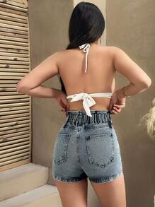 SHEIN Shorts di jeans casual in vita a sacchetto di carta da donna