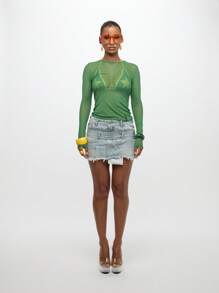 SUMWON WOMEN Long Sleeve Mesh Y2K Top Star Print Festival Club Party Rave Layering Piece Retro See Through Cuff Detail Y2K Statement - Green - View 3