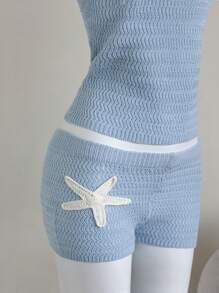 Elamini Set de 2 piezas Jersey + Pantalón corto de mujer con adorno de estrella de mar, apropiado para uso diario, vacaciones y citas