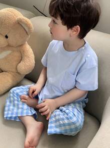 Hapijoa Baby Boy Round Neck Short Sleeve T-Shirt With Plaid Pants Pajama Set, Summer - Blue - View 5