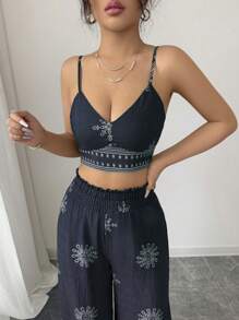 Elenzga 2 件套女士绿色花卉印花吊带背心和休闲裤套装，休闲度假风格