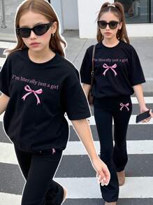 SHEIN Leap Crew Tween Girl 休闲蝴蝶印花短袖上衣和裤子 2 件套，夏季 - 黑色 - 查看 1