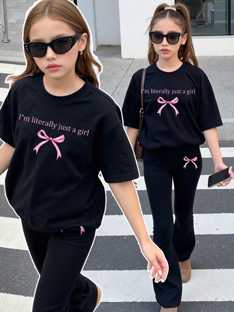 SHEIN Leap Crew Tween Girl 休闲蝴蝶印花短袖上衣和裤子 2 件套，夏季 - 黑色 - 查看 1