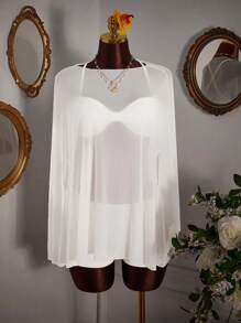 Amplova 3pcs Set: Very Short Crop Top, Extra Low Rise Mini Shorts, Mesh Shoulder Wrap - White - View 6