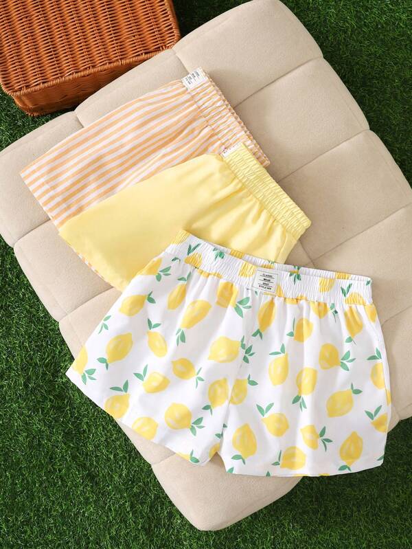 SHEIN Girls 1 Get 23 Pieces/Set, Solid Yellow & Yellow Stripes & Yellow Lemon, Woven Label, Elastic Waist Shorts, Home Leisure, Spring And Summer