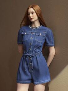 SHEIN BAE 女式夏季休闲高端牛仔连体裤 - 藍色 - 查看 6