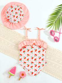 新生儿泳衣新生儿夏季粉色樱桃泳衣新款时尚无肩带涤纶数码印花可爱连体泳衣适合海滩、大海、泳池 - 彩色 - 查看 3