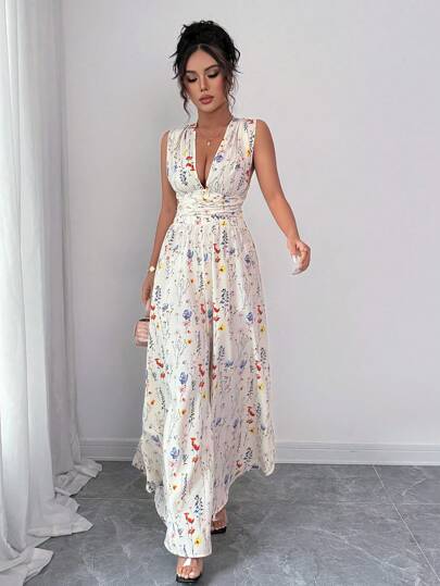 Elenzga Women's Holiday Summer Outfit, Graduation, Independence Day, Inspired By Ibiza, Romantic Alluring Woven Daisy Ditsy Floral Halter Criss-Cross Open Back Bowknot Deep V Waist Cut Open Leg Jumpsuit