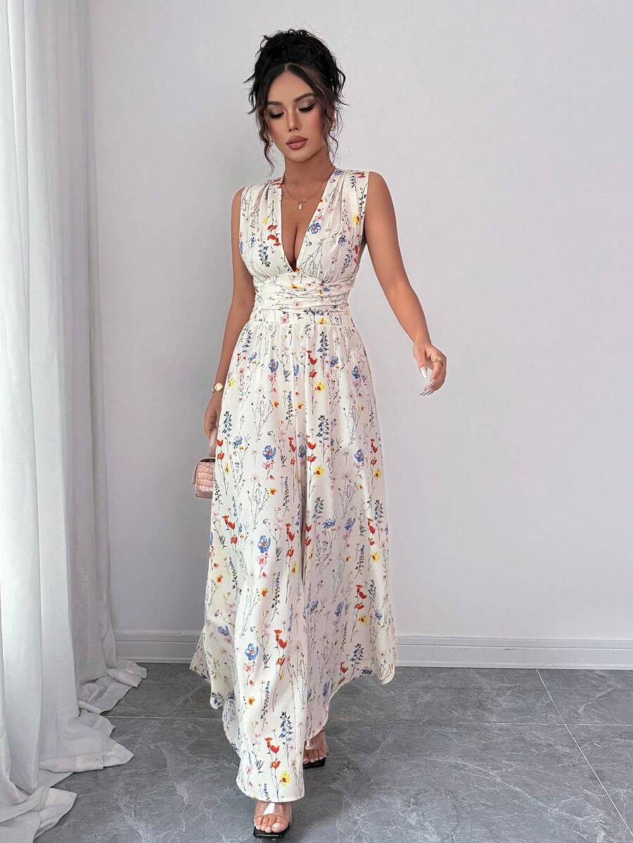 Elenzga Women's Holiday Summer Outfit, Graduation, Independence Day, Inspired By Ibiza, Romantic Alluring Woven Daisy Ditsy Floral Halter Criss-Cross Open Back Bowknot Deep V Waist Cut Open Leg Jumpsuit - Apricot - View 1