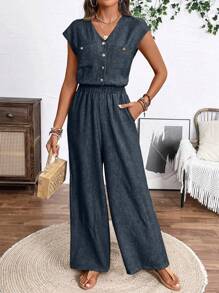 SHEIN Tall Women's Vacation Casual High Waist Wide Leg Jumpsuit - Navy Blue - View 1