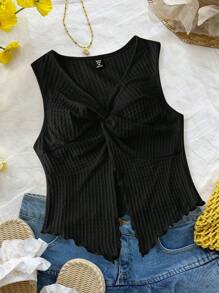 SHEIN Essnce 大码女装春夏时尚休闲性感舒适日常纹理面料 V 领修身扭纹无袖上衣，外出上衣，波西米亚风，伊比沙岛风，海滩度假风，欧洲夏季，夏威夷狂欢上衣 - 黑色 - 查看 1