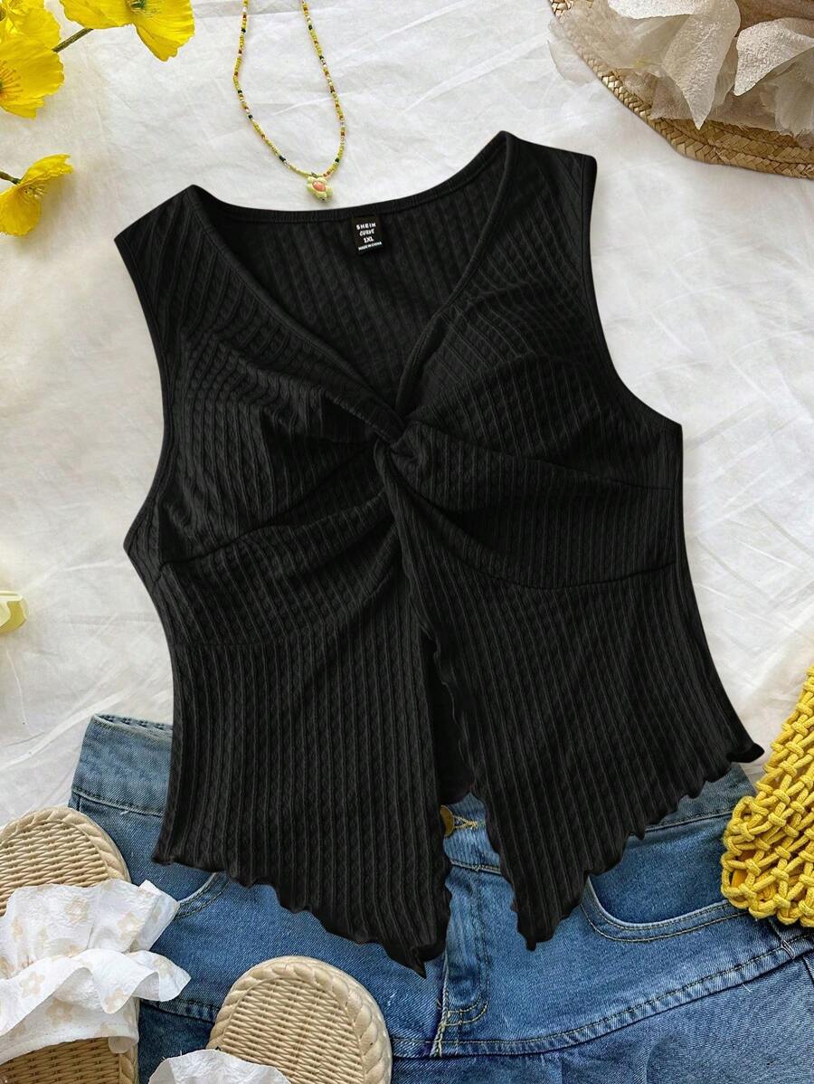 SHEIN Essnce 大码女装春夏时尚休闲性感舒适日常纹理面料 V 领修身扭纹无袖上衣，外出上衣，波西米亚风，伊比沙岛风，海滩度假风，欧洲夏季，夏威夷狂欢上衣 - 黑色 - 查看 1